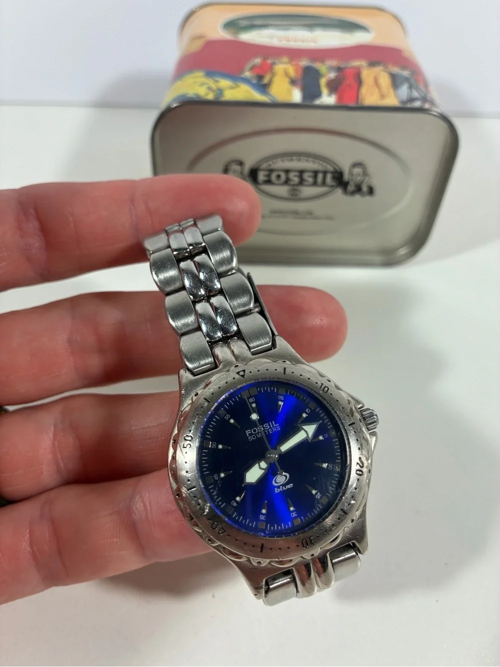 FOSSIL Blue AM-3175 Stainless Steel Quartz Analog Men's Watch Vintage Waterproof